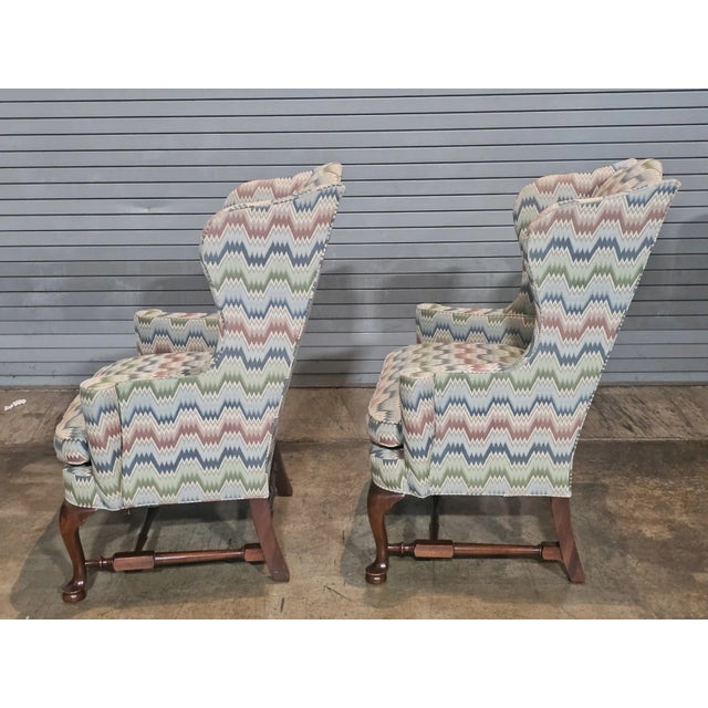 Brown Late 20th Century Pair Southwood Connoisseur Collection Mahogany Wing Chairs Flame Stitch Fabric For Sale - Image 8 of 10