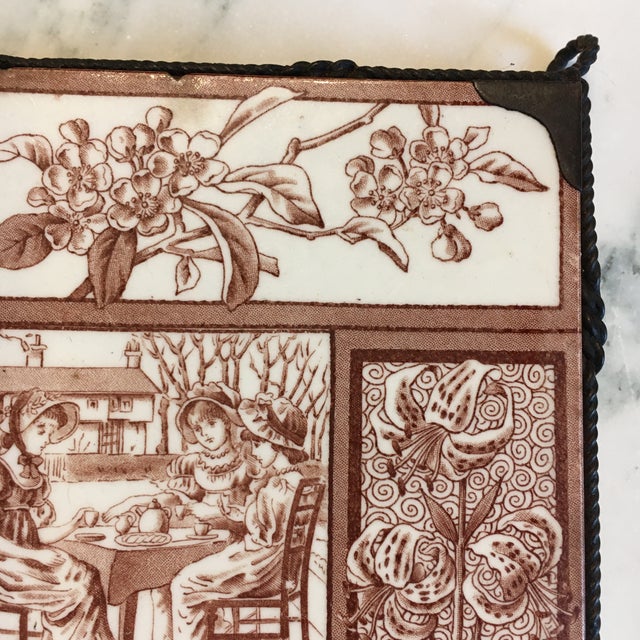 Victorian 1881 Brown Aesthetic Movement Tile / Trivet Tea Party & Flowers by Kate Greenaway For Sale - Image 3 of 6