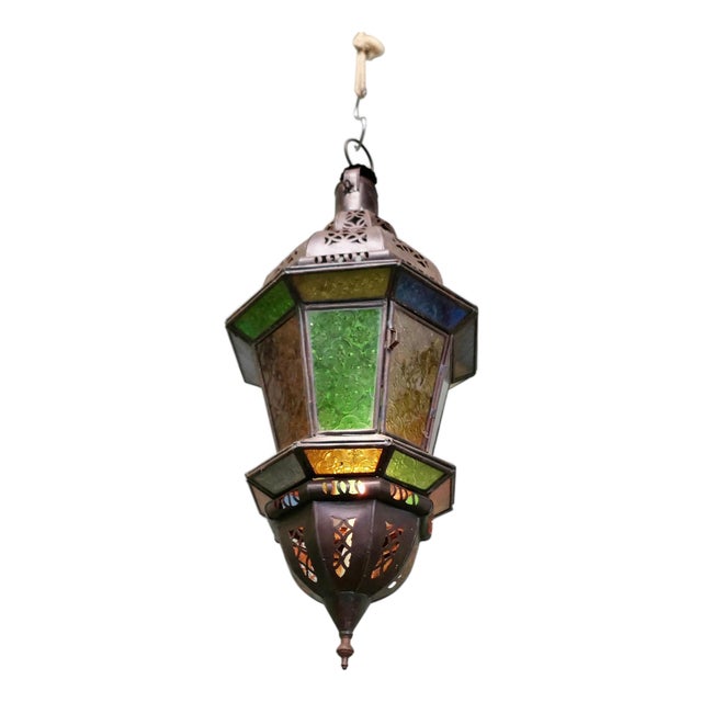 North African Stained Glass Hanging Lantern, 1920 For Sale