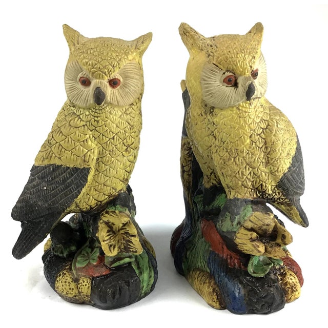 1950s Yellow Painted Mid Century Clay Owls - a Pair For Sale - Image 12 of 12