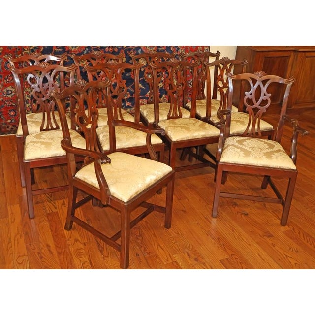 Set of 10 Kittinger Mahogany Chippendale Dining Chairs With Gold Damask Fabric Dimensions : Side chairs - 39" Tall X 19"...