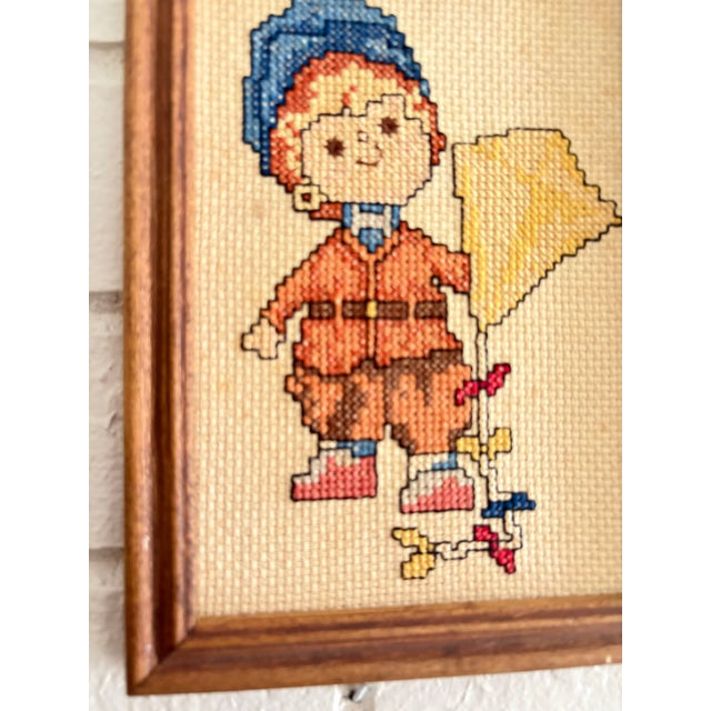 Folk Art Vintage Cottage Core Cross Stitch, Needlepoint, Embroidered Framed Art of Little Boy & Kite, Textile Art For Sale - Image 3 of 8
