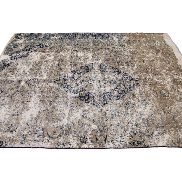 Textile Vintage Handmade Medallion Motif Tan and Blue Distressed Wool Rug For Sale - Image 7 of 11