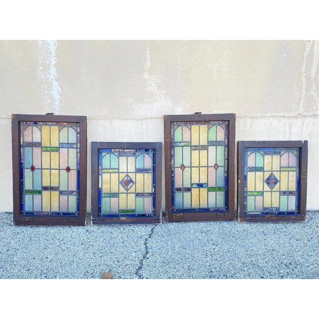 Art Deco Antique Art Deco Leaded Stained Glass Pink Green Blue Yellow Windows - A Pair For Sale - Image 3 of 12