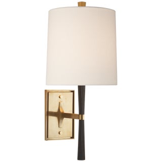 Barbara Barry for Visual Comfort Signature Refined Rib Sconce in Ebony Resin & Soft Brass with Linen Shade For Sale