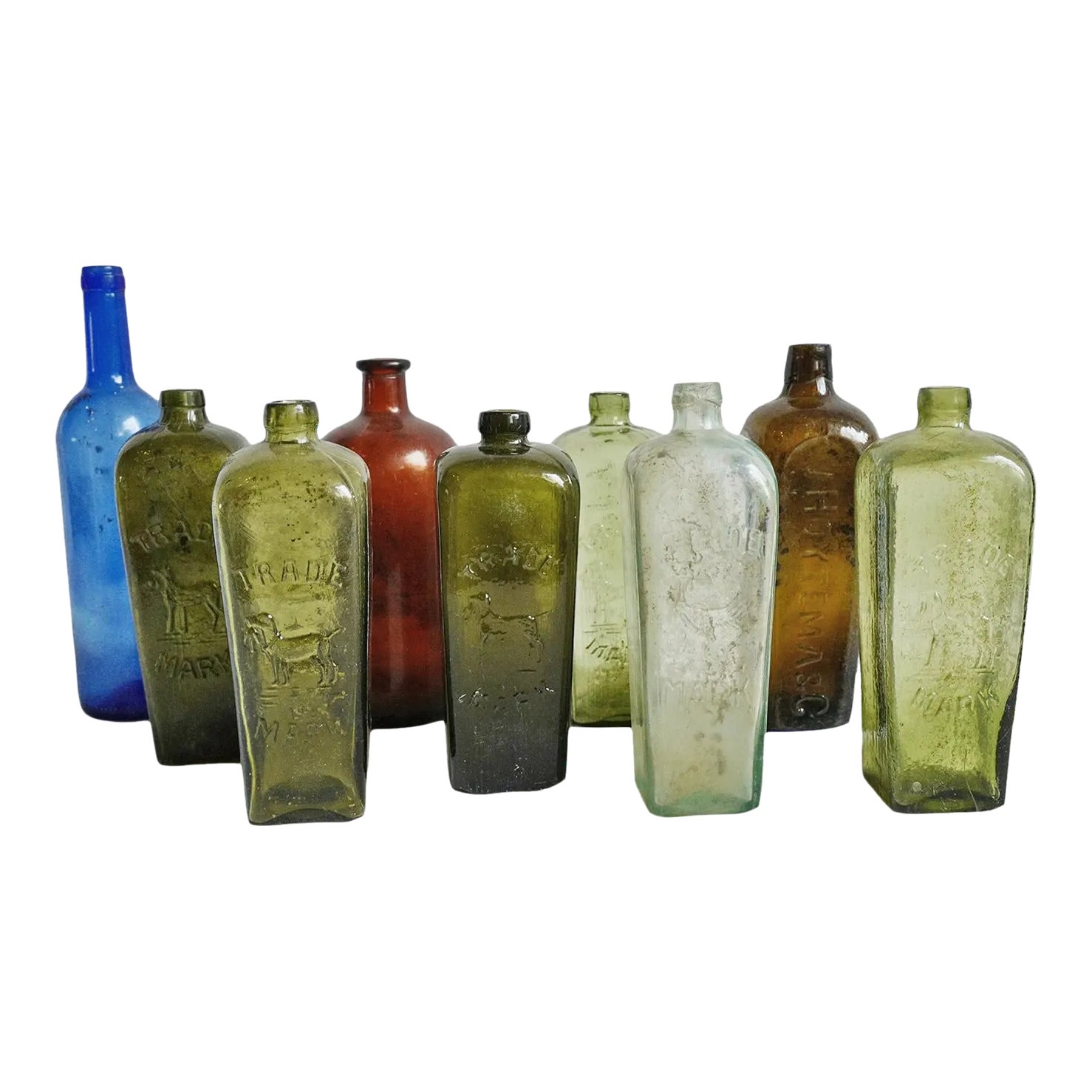 Set of Nine Antique Glass Gin Bottles Chairish