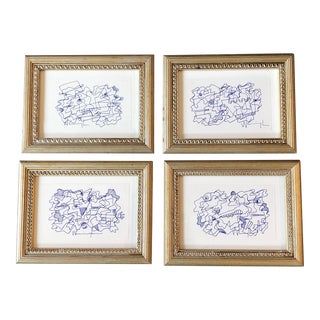 1980’s 4 Small Wayne Cunningham Abstract Blue Ink Drawings Framed-Set of 4 For Sale