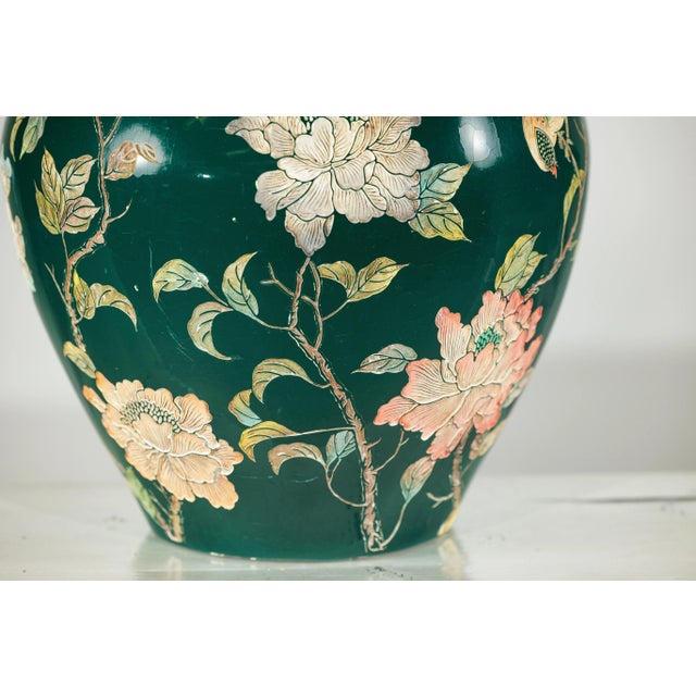 Green Ceramic Vase with Birds, Butterflies, and Floral Decoration For Sale - Image 4 of 12