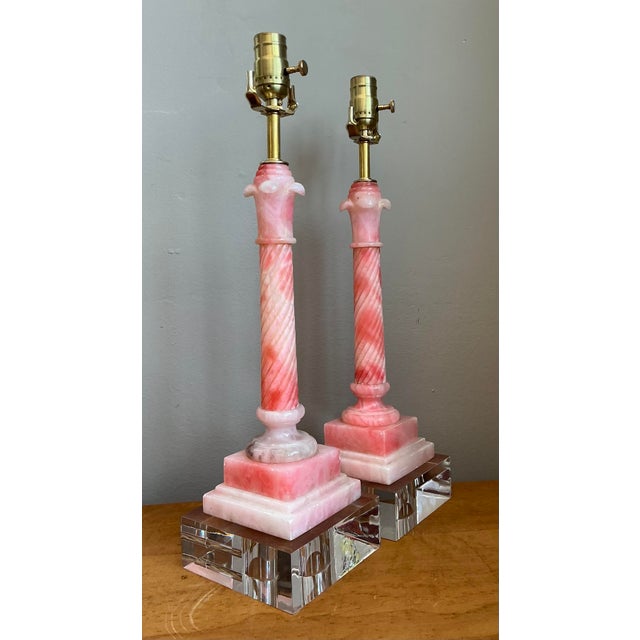 Vintage Pink Marble Carved Column Lamps - A Pair For Sale - Image 10 of 12