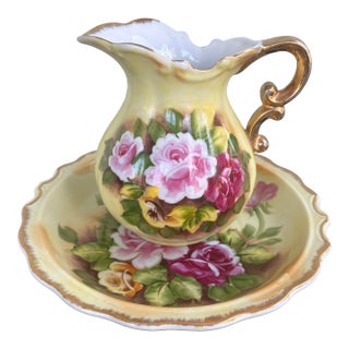 Vintage Hand-Painted Japanese Porcelain Pitcher & Basin Set With Gilt Scroll Handle – Yellow Rose Motif For Sale