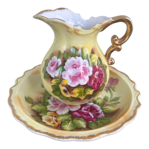 Vintage Hand-Painted Japanese Porcelain Pitcher & Basin Set With Gilt Scroll Handle – Yellow Rose Motif