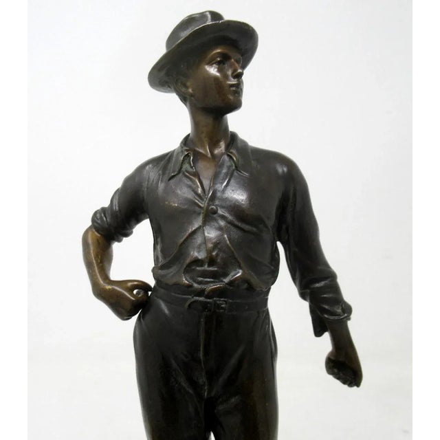 Metal Antique German Bronze Male Boy Figure Sienna Marble Constantin Holand Art Deco For Sale - Image 7 of 12