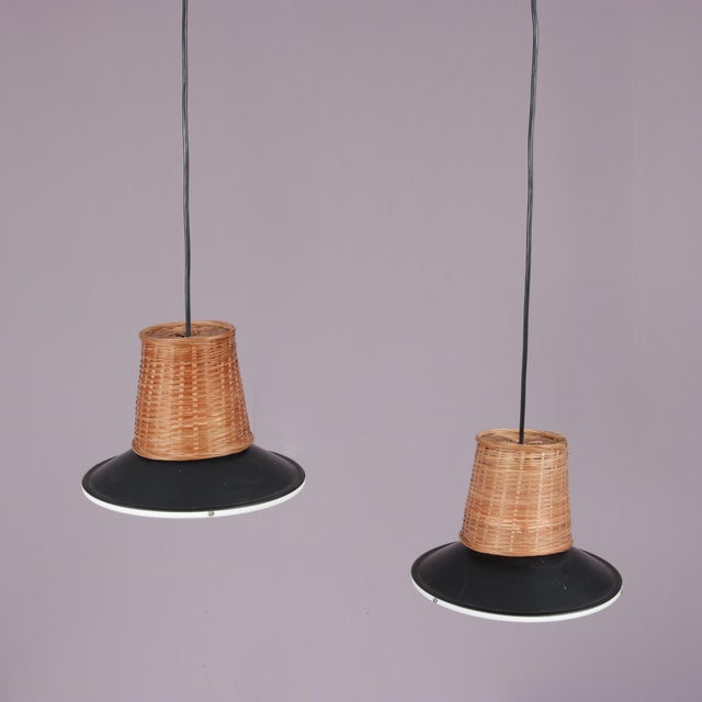 Mid-Century Modern Hanging Lamps in Wicker, Black Metal, and Glass, 1950s, Set of 2 For Sale - Image 3 of 9