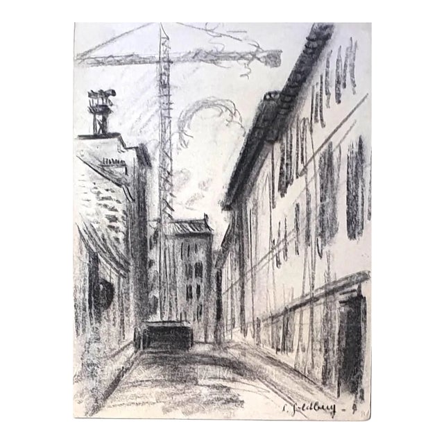 Cityscape - Original Charcoal Drawingr by S. Goldberg - Mid 20th Century Mid 20th Century For Sale