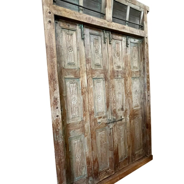Brown Antique Rustic Carved Exterior Teak Double Hinged Doors, Colonial Plantation Architecture For Sale - Image 8 of 13