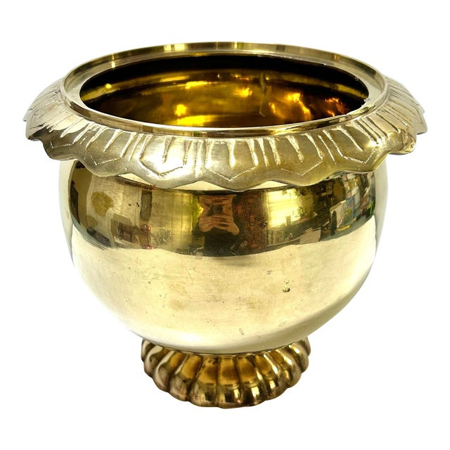 Hollywood Regency Brass Cachepot With Fluted Pedestal Ice Bucket For Sale