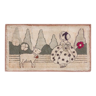 1920s Gray Scene Pictorial Antique American Hooked Rug 1' 6" X 2' 9" Handknotted Wool Carpet For Sale