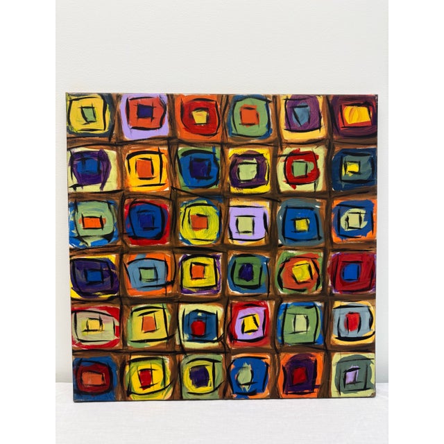 Mid-Century Modern Set of 3 Original Paintings Abstract Squares, Multi Colored on Square Canvas For Sale - Image 3 of 11