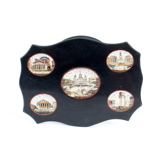 This is a stunning decorative antique Italian Grand Tour Vatican Micro-Mosaic inset black marble desk weight, in the form...