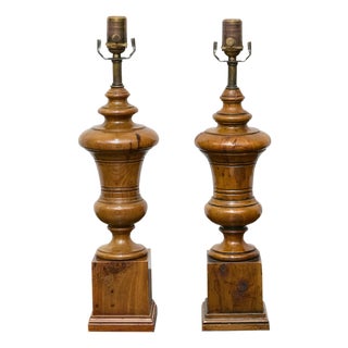 Mid 20th Century Mid Century Modern English Turned Pine Table Lamps with Plinth Bases - a Pair For Sale