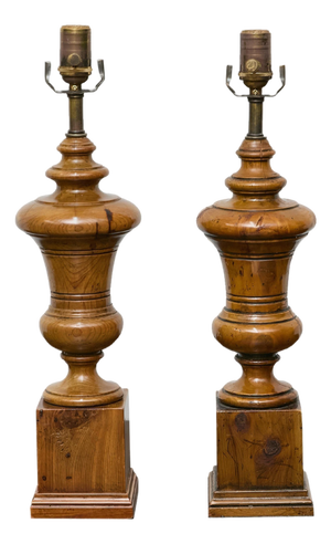 Mid 20th Century Mid Century Modern English Turned Pine Table Lamps with Plinth Bases - a Pair