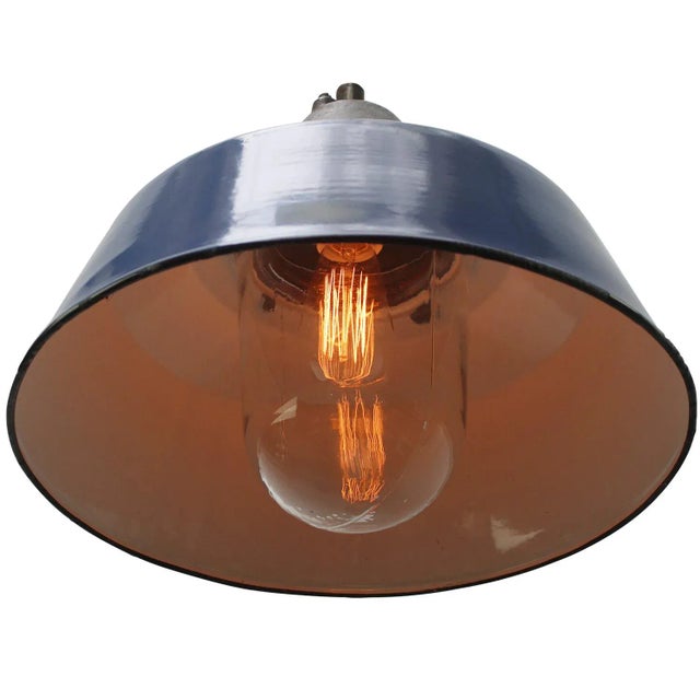 Factory hanging lamp blue enamel white interior clear glass, cast iron top e27/e26. Depending on destination, all our...