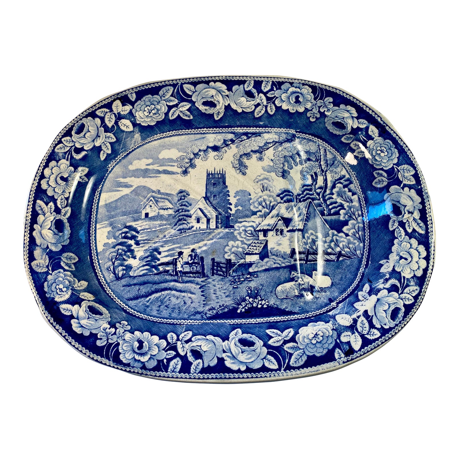 Antique English Village Church Pattern Blue and White Platter With Well ...