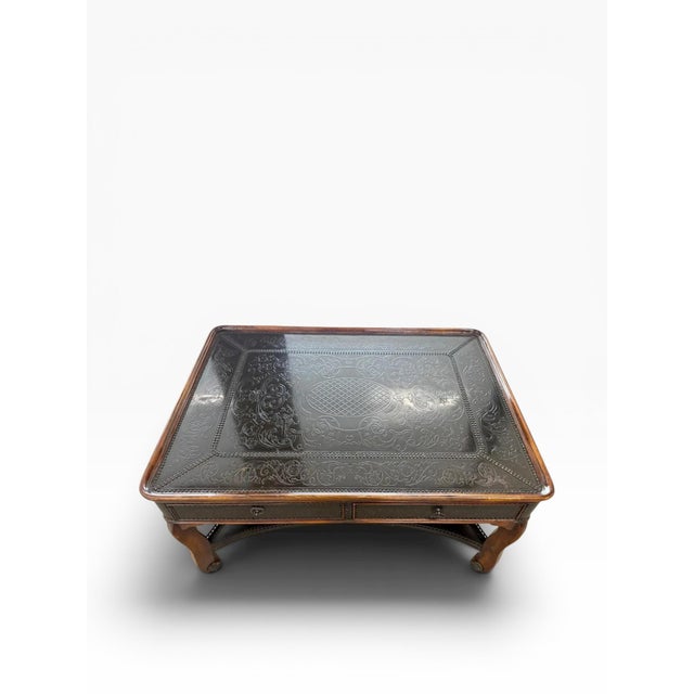 Theodore Alexander Louis XIII Style Etched Brass Tray Top Coffee Table For Sale In Miami - Image 6 of 16