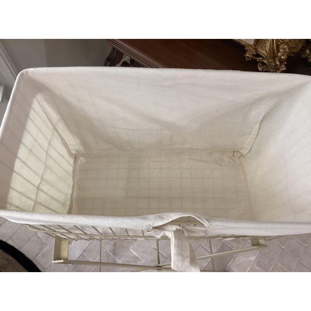 Mid 20th Century Metal Laundry Ironing Basket on Collapsible Frame Newer Homemade Yellow Liner For Sale - Image 4 of 10