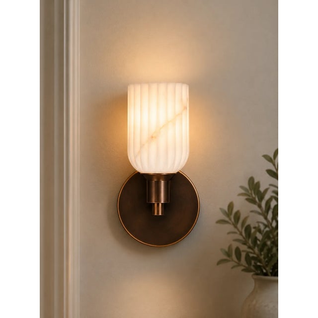 Brass Wall Sconce With Ribbed Natural Alabaster Shade, Modern Bathroom Vanity Lamp, Handcrafted Luxury Wall Lighting For Sale - Image 4 of 10