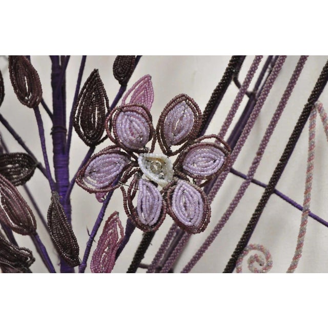 Metal Early 20th Century French Victorian Glass Beaded Purple Flower Casket Wreath Wall Sculpture (A) For Sale - Image 7 of 12