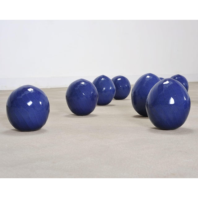 Set of Blue Glazed Ceramic Garden Egg Sculptures After Jun Kaneko For Sale - Image 11 of 18