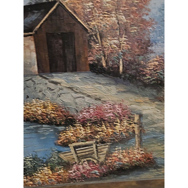 Vintage Original Oil Painting Covered Bridge Autumn Landscape Custom Framed For Sale - Image 9 of 9