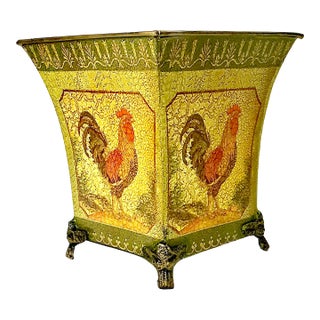 1980s Vintage Rustic European French Country Boho Chic Tole Metal Chicken Motif Planter. For Sale