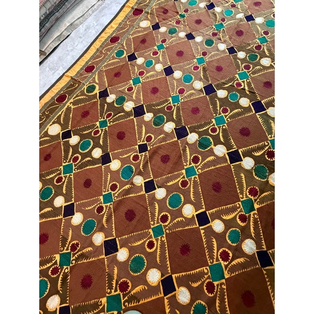 Mid-Century Modern Brown Gold Lattice Cotton Suzani Wall Decor For Sale - Image 3 of 10