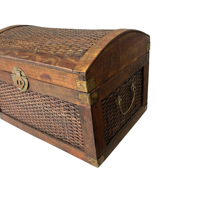Vintage Chinoiserie woven bamboo / rattan dome lid trunk style table top or floor storage box Outside measures 18” w x 12”...