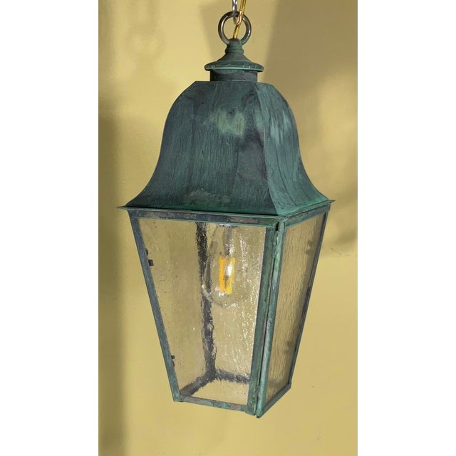 1970s Single Small Vintage Solid Brass Hanging Lantern- 17”h X 7”.5 X 7”.5 For Sale - Image 5 of 11