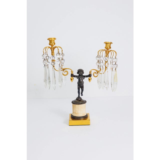 Pair of French Empire Ormolo and Patinated Bronze and Marble Girandoles 19th Century,