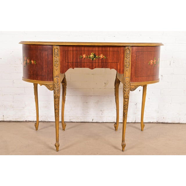 Romweber Style French Provincial Louis XV Carved Satinwood and Parcel Painted Kidney Shaped Vanity, Circa 1920s For Sale - Image 12 of 13