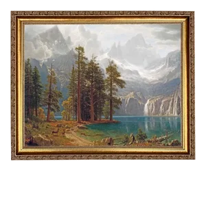 "Sierra Nevada Mountain Landscape" Contemporary Reproduction Print on Canvas After Albert Bierstadt, Framed 16x13