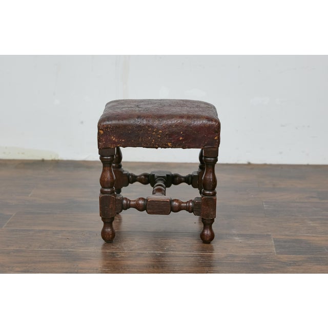 19th Century English Oak Footstool with Leather Seat and Turned Legs For Sale - Image 9 of 9