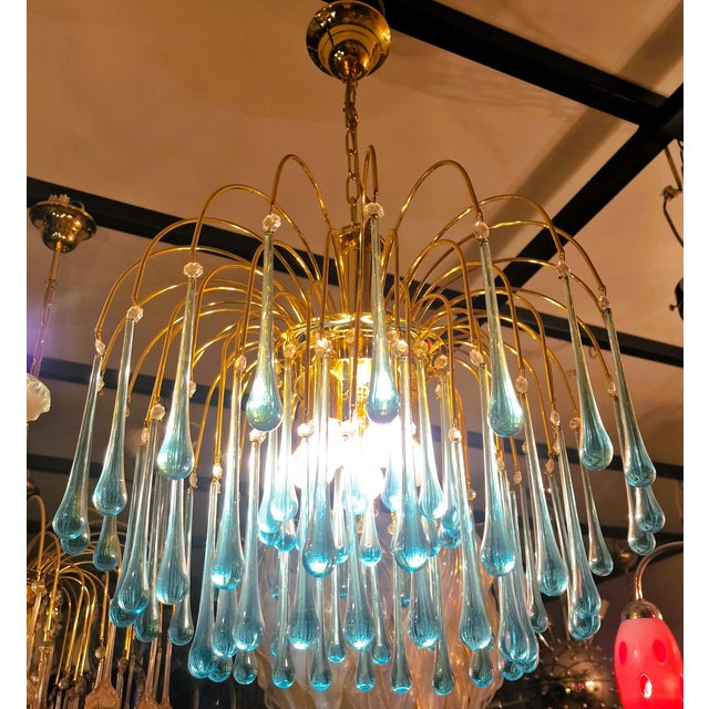 Vintage Gold Rain Chandelier with Handmade Murano Glass Blue Drop, Italy, 1960 For Sale - Image 6 of 13
