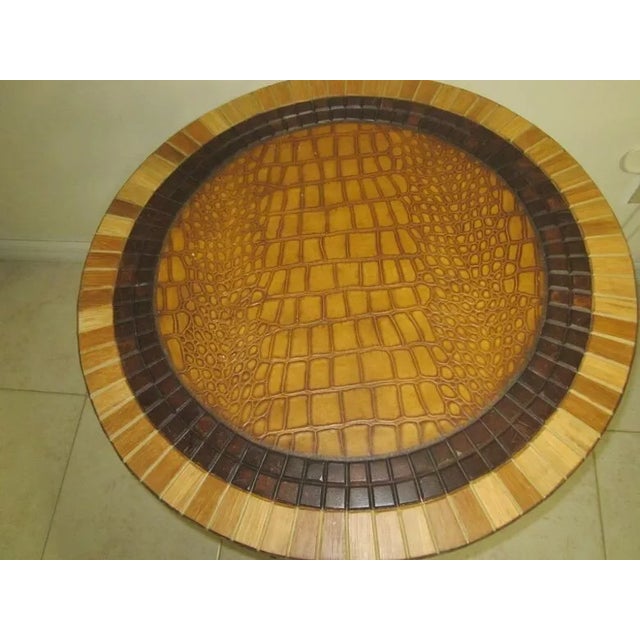 African 1990s Kreiss Nairobi Drum Style End Table Wood Leather Top With Metal Legs Set of 2 For Sale - Image 3 of 9