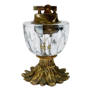 Vintage Hollywood Regency Style Brass and Cut Glass Table Lighter For Sale