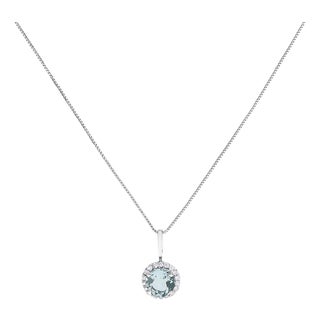 10K White Gold Blue Aquamarine and 1/10 Cttw Diamond Accent Halo Pendant Necklace For Sale