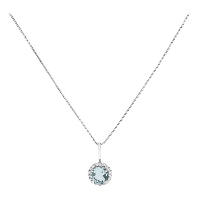 10K White Gold Blue Aquamarine and 1/10 Cttw Diamond Accent Halo Pendant Necklace For Sale