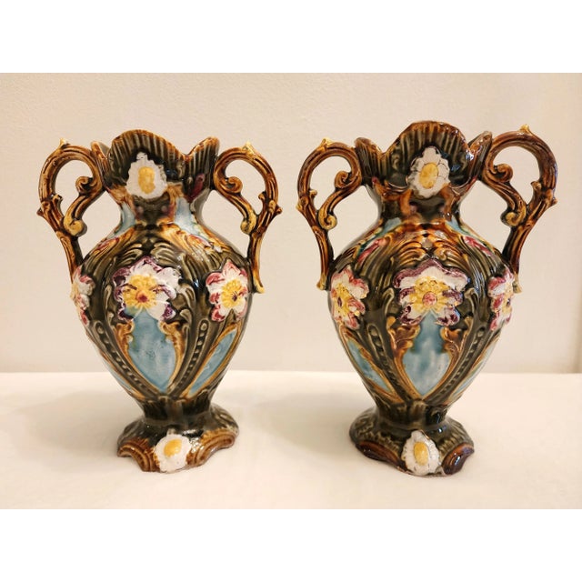 Olive Antique Majolica Art Nouveau Jugendstil Vases- a Pair For Sale - Image 8 of 11
