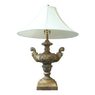 Heavily Carved Urn Shaped Table Lamp W. Shade For Sale