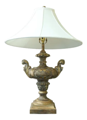 Heavily Carved Urn Shaped Table Lamp W. Shade