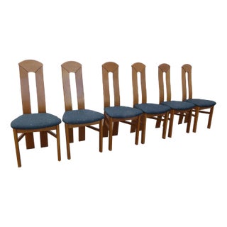 High Back Blond Oak Wooden Chairs, 1980s, Set of 6 For Sale